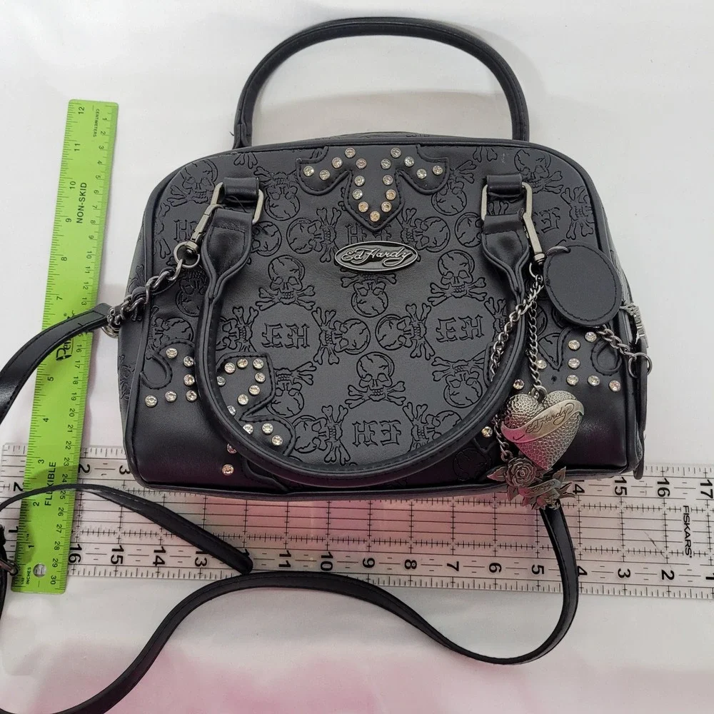 Ed Hardy Black Embossed Skull Rhinestone Satchel Crossbody Bag Y2K